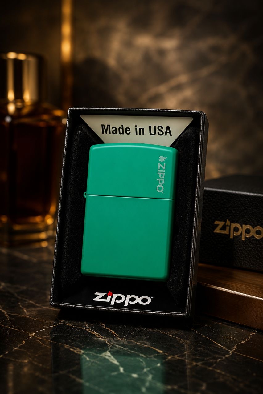فندک زیپو مدل 48629ZL | Zippo Grass Green Matte Logo اصل آمریکا | فندک زیپو سبز چمنی مات لوگودار