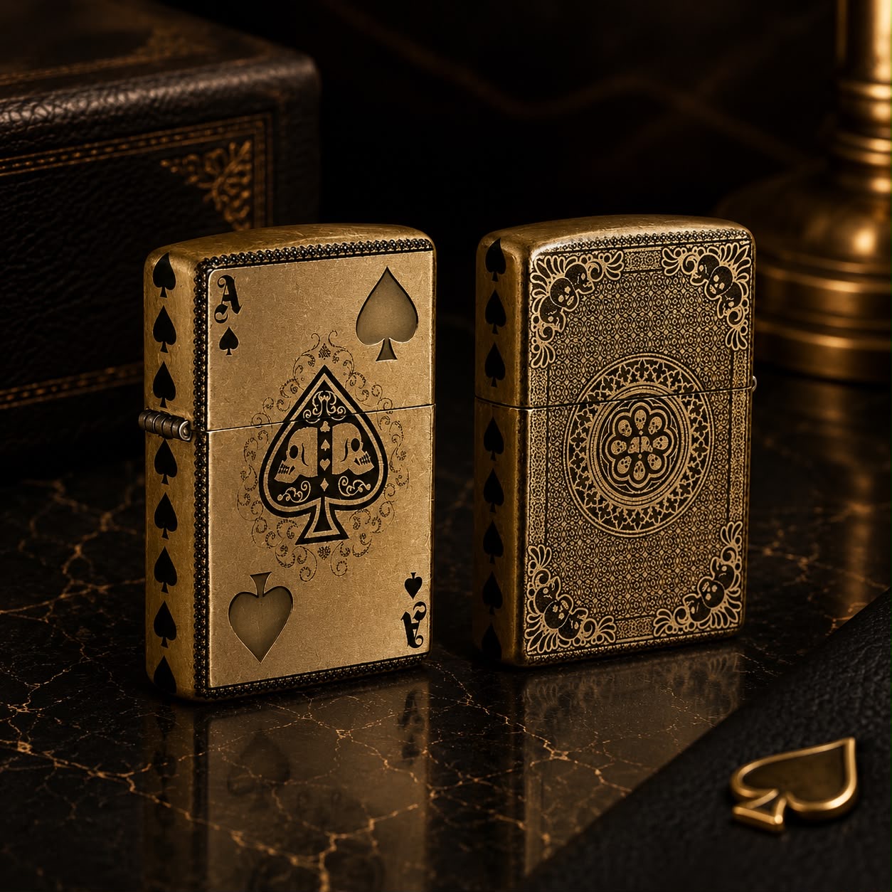 فندک زیپو اصل طلایی آس پیک اسکلت Zippo 46388 Ace of Skulls Design