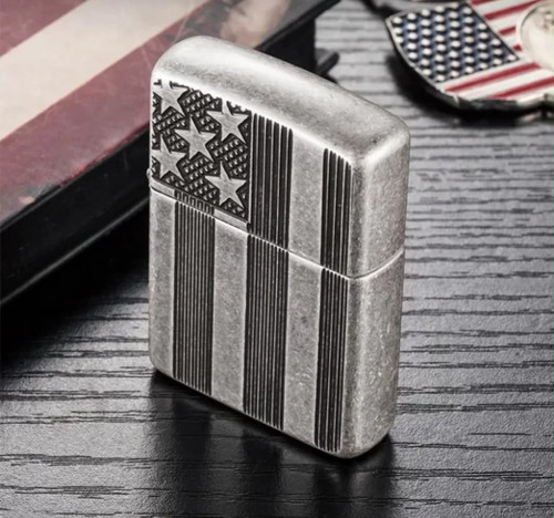 فندک زیپو اصل آرمور پرچم آمریکا نقرهای آنتیک Zippo 28974 Flag Armor Deep Carve
