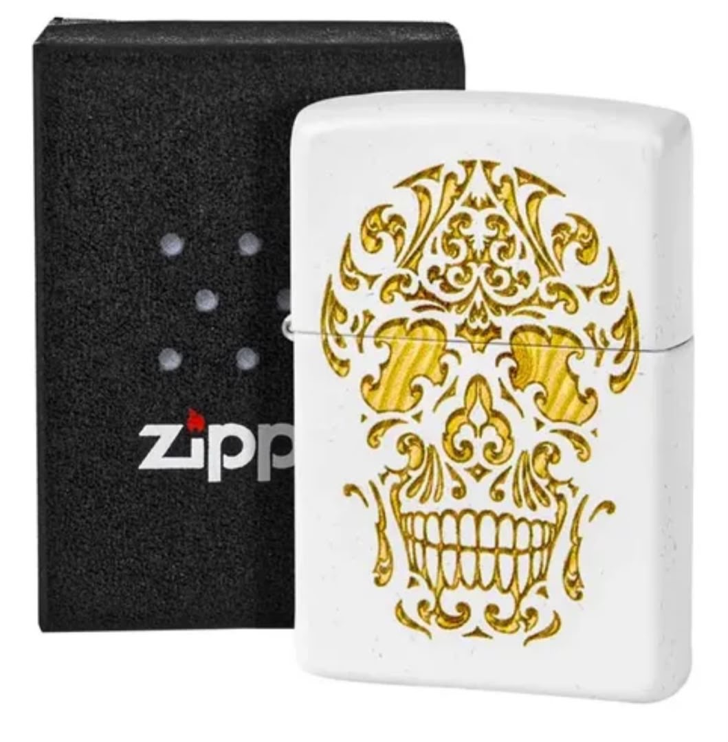 فندک زیپو اصل سفید مات طرح جمجمه طلایی Zippo 48710 Sugar Skull Design